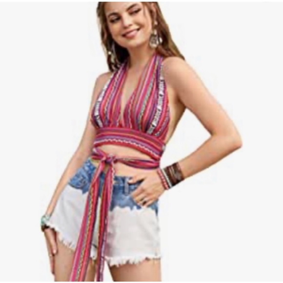 FESTIVAL RED EMBROIDERED HALTER TOP SIZE MEDIUM - Picture 5 of 8